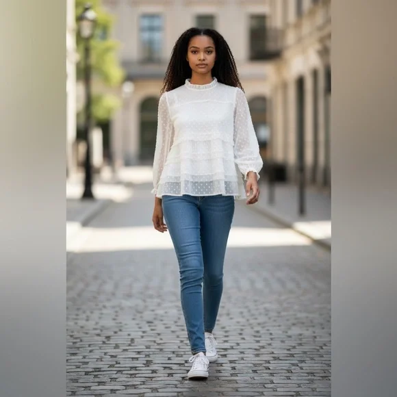 Express Women’s Sheer Dot Ruffle Blouse, Size Small Petite (SP) - Picture 4 of 16